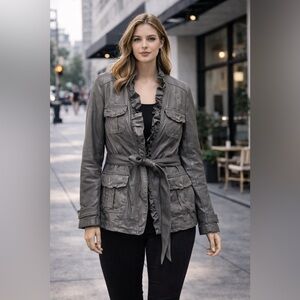 Dollhouse Women's Charcoal Leather Jacket with Ruffle Trim
B35
